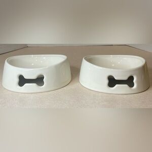 Set of 2 SPOT BRAND Dog Bowl PET Food Water Ceramic Dish Beige & White Bone